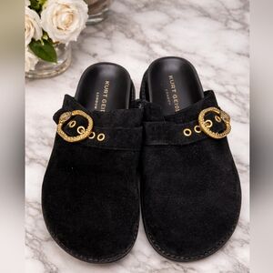 Kurt Geiger Black Suede Mules with Gold Buckle